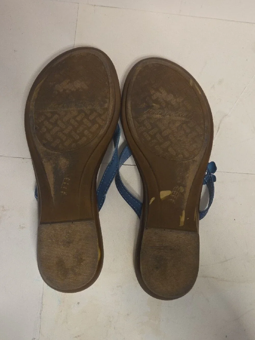 Italian Shoemakers Blue Floral Toe-Post Sandals with Crystal Centers